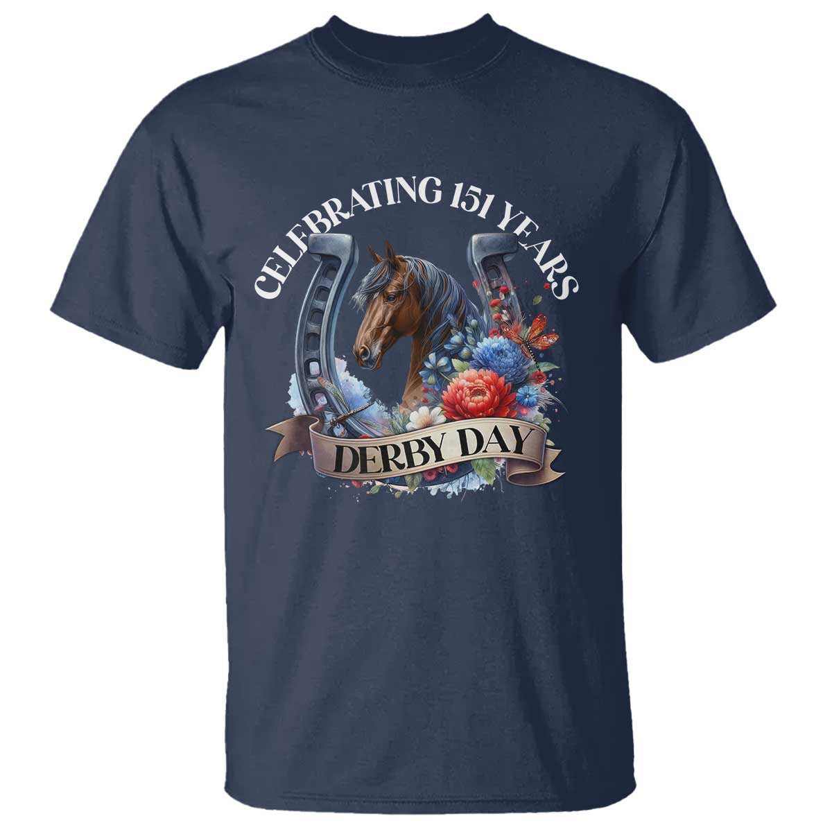 celebrating-151-years-derby-day-t-shirt-horse-racing-horseshoe-flowers