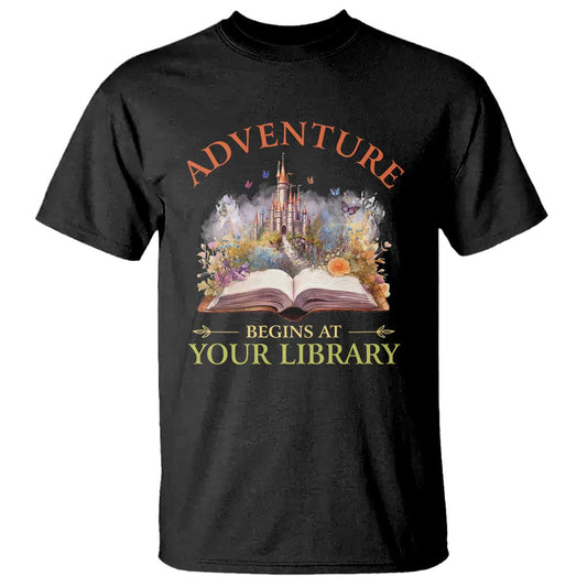 book-reader-t-shirt-adventure-begins-at-your-library-castle-flower-librarian
