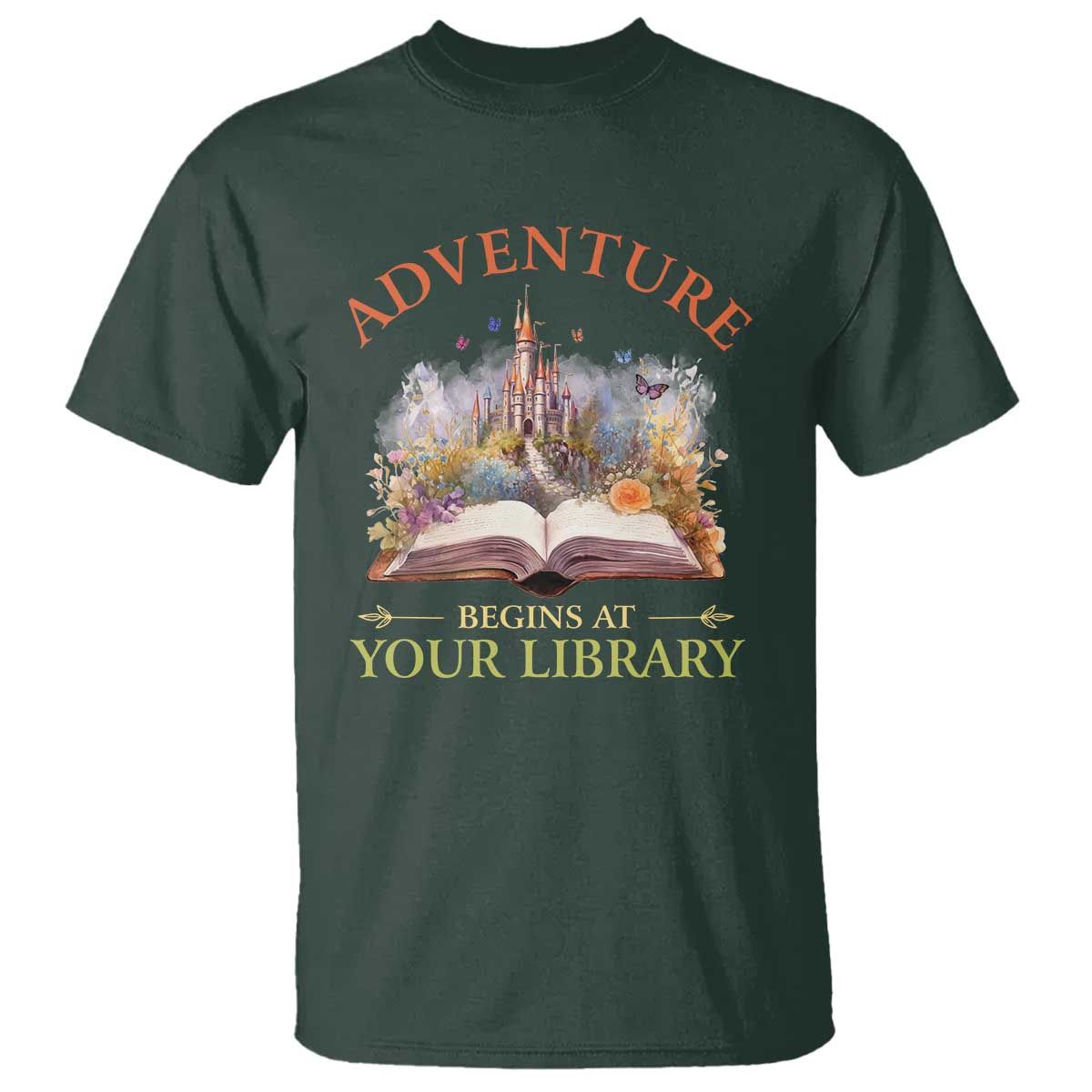 book-reader-t-shirt-adventure-begins-at-your-library-castle-flower-librarian