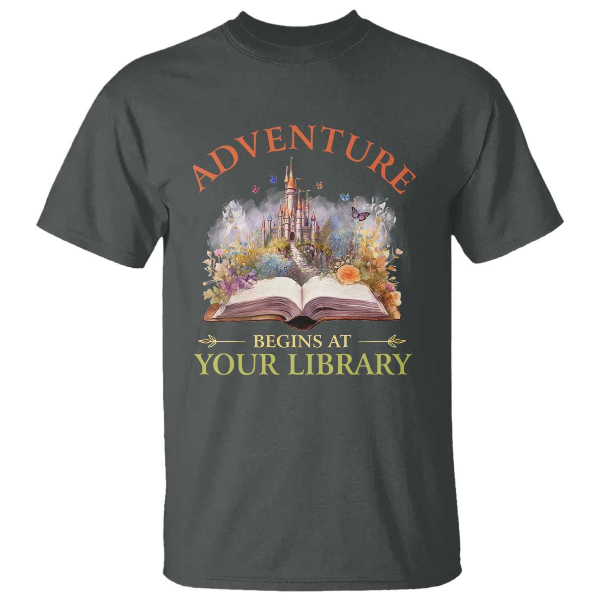 book-reader-t-shirt-adventure-begins-at-your-library-castle-flower-librarian
