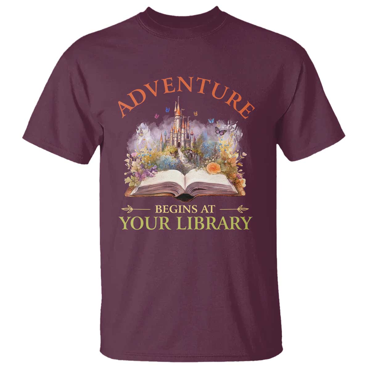 book-reader-t-shirt-adventure-begins-at-your-library-castle-flower-librarian