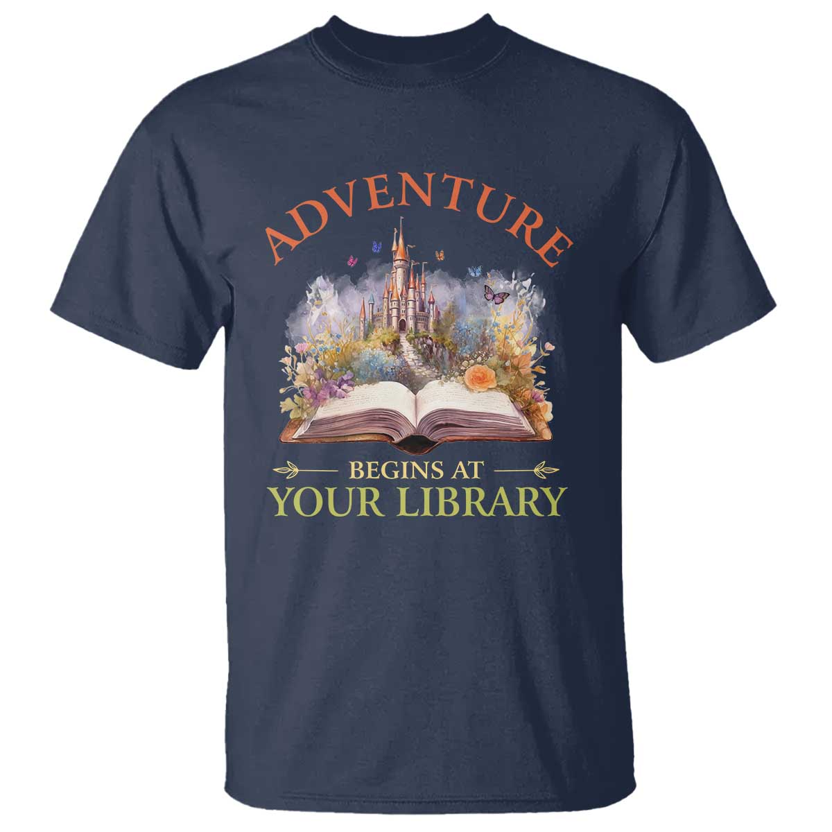 book-reader-t-shirt-adventure-begins-at-your-library-castle-flower-librarian