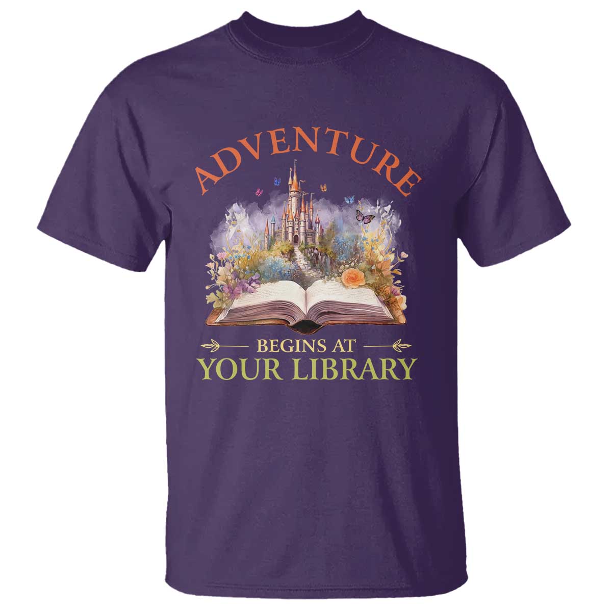 book-reader-t-shirt-adventure-begins-at-your-library-castle-flower-librarian