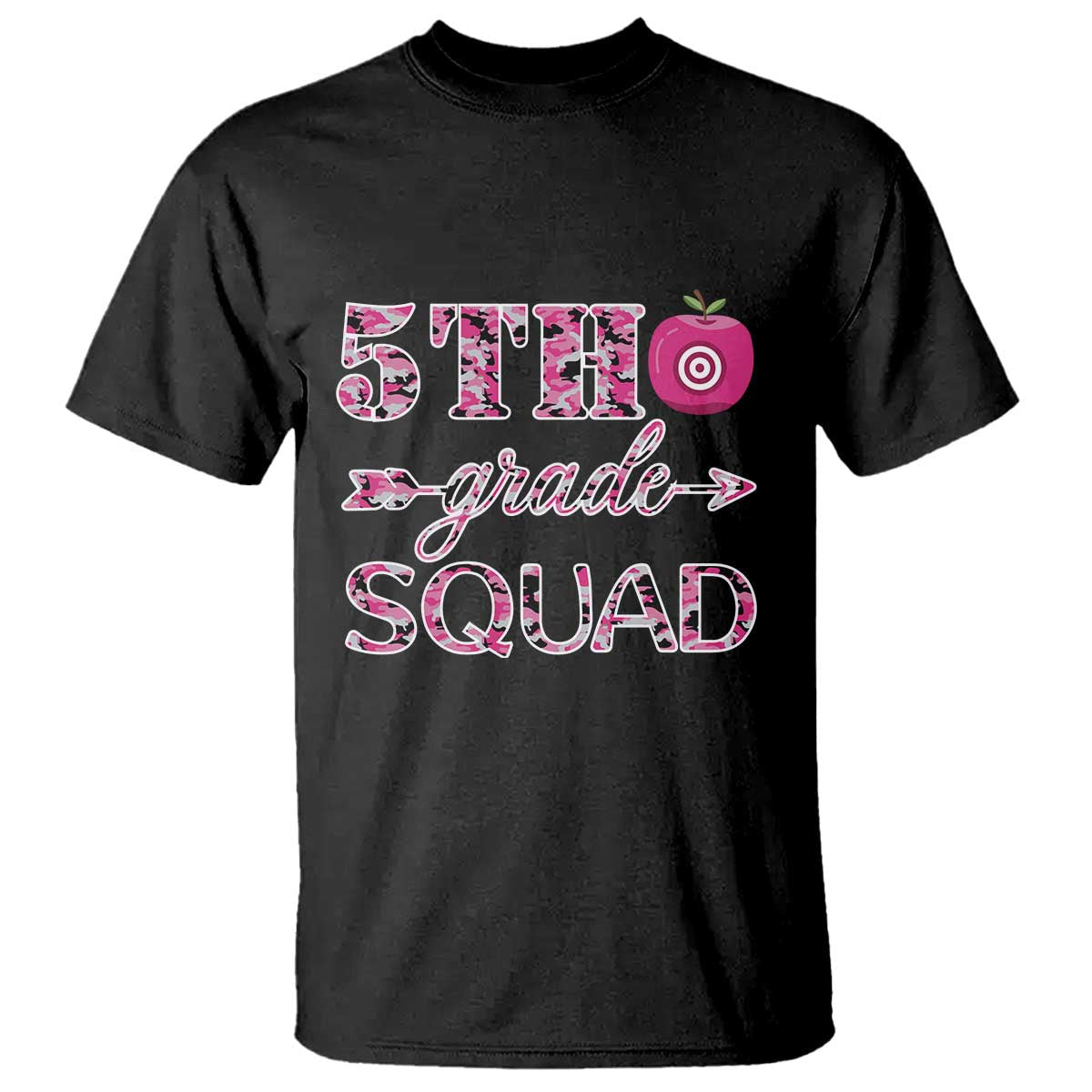 funny-back-to-school-hunting-t-shirt-5th-grade-squad-pink-camo-flag-apple-arrow