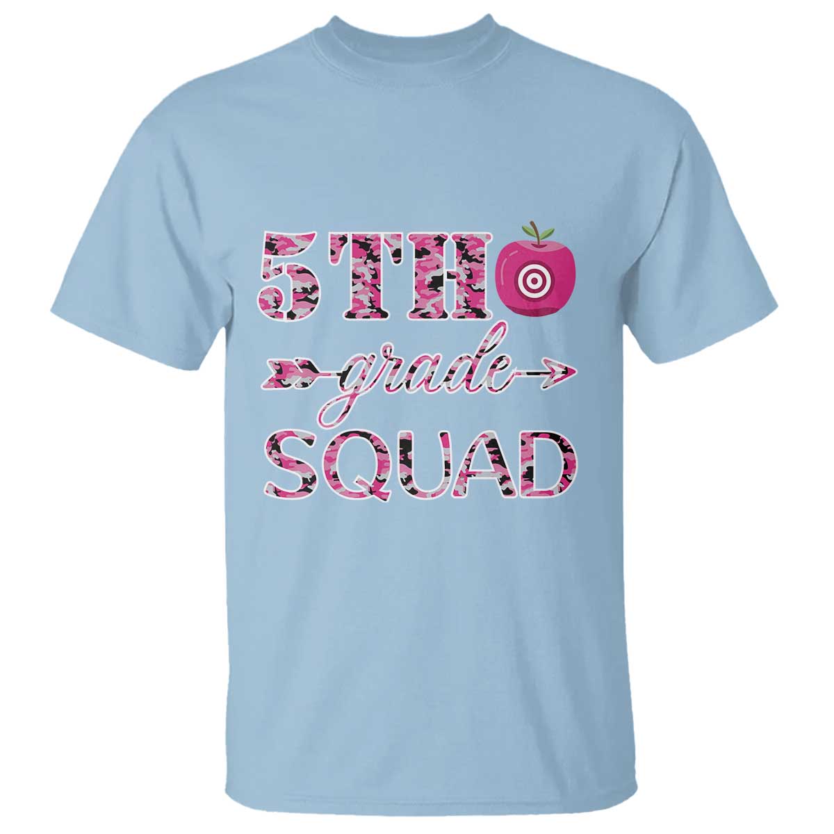 funny-back-to-school-hunting-t-shirt-5th-grade-squad-pink-camo-flag-apple-arrow