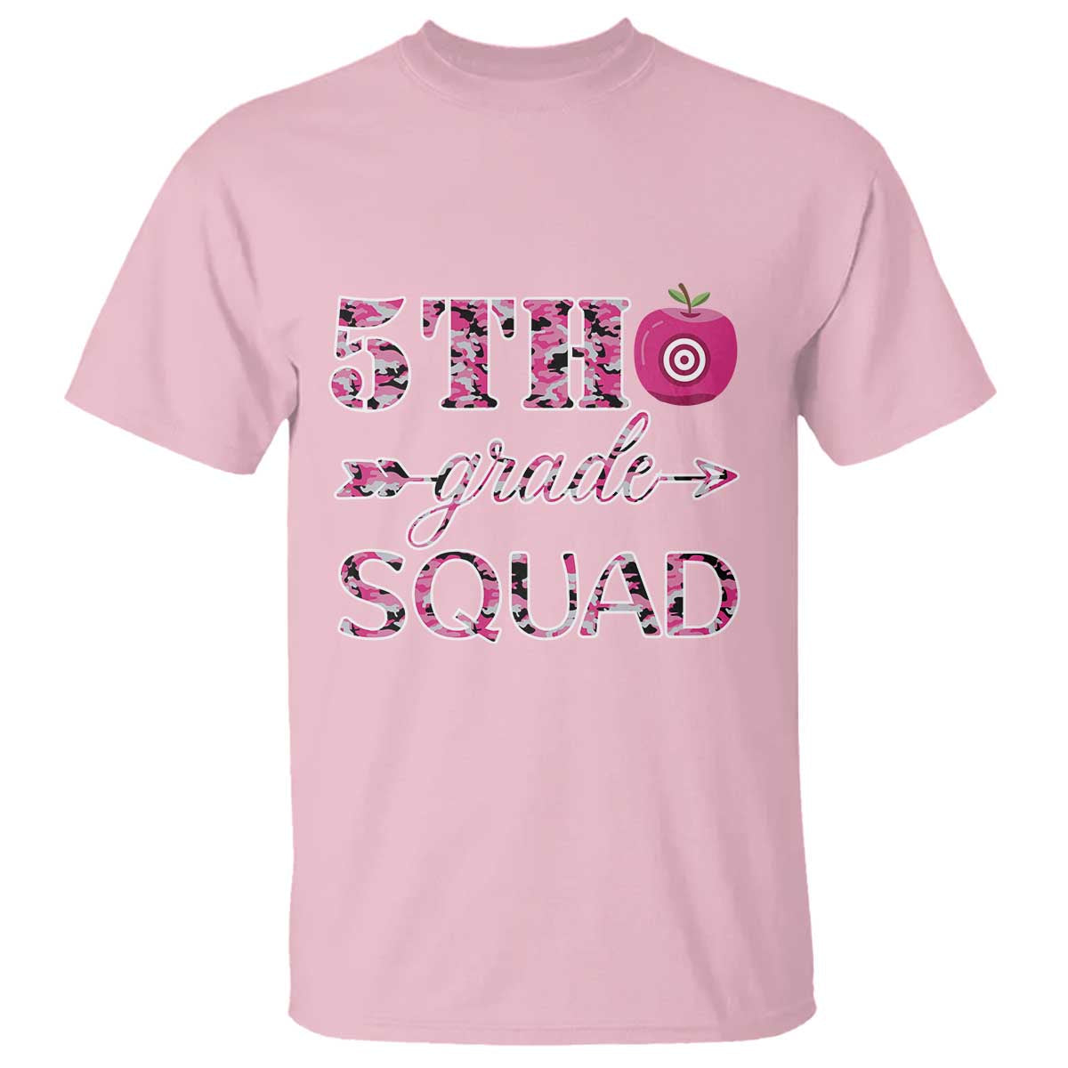 funny-back-to-school-hunting-t-shirt-5th-grade-squad-pink-camo-flag-apple-arrow