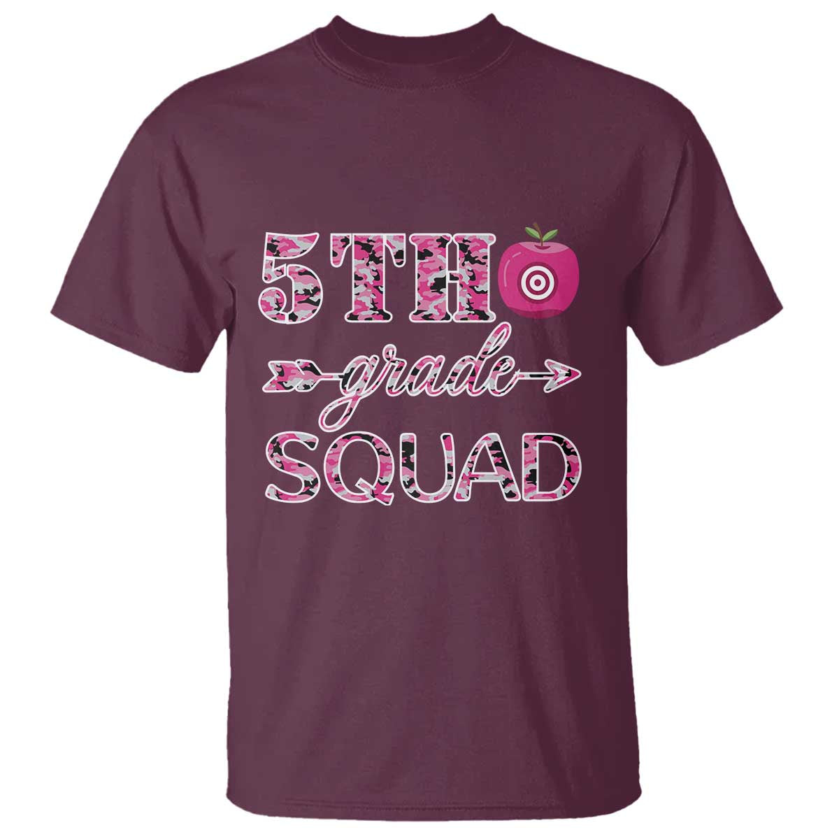 funny-back-to-school-hunting-t-shirt-5th-grade-squad-pink-camo-flag-apple-arrow