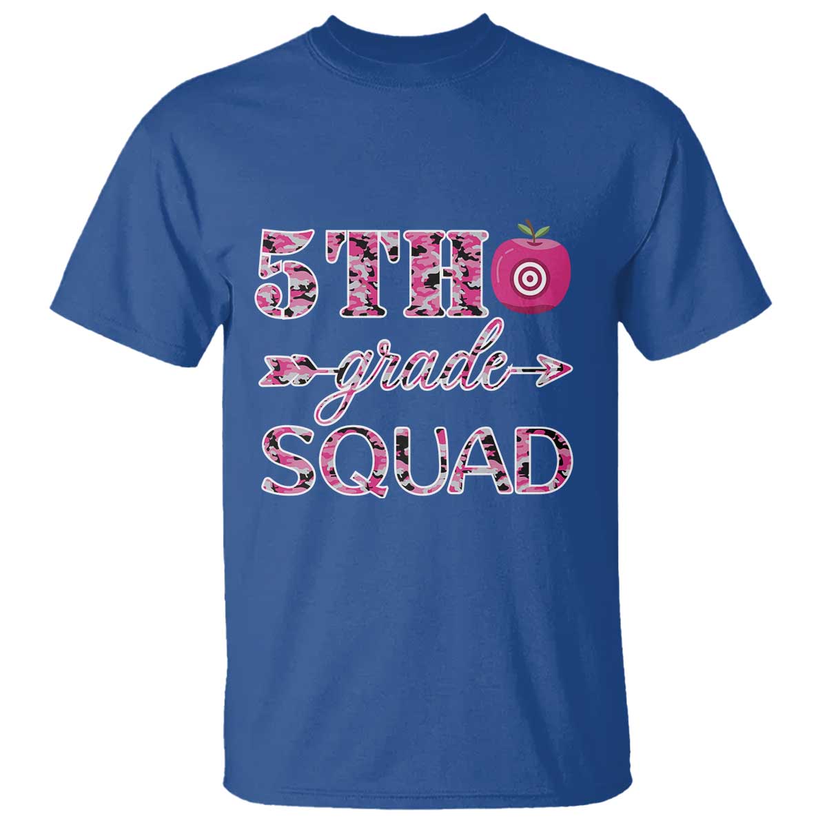 funny-back-to-school-hunting-t-shirt-5th-grade-squad-pink-camo-flag-apple-arrow