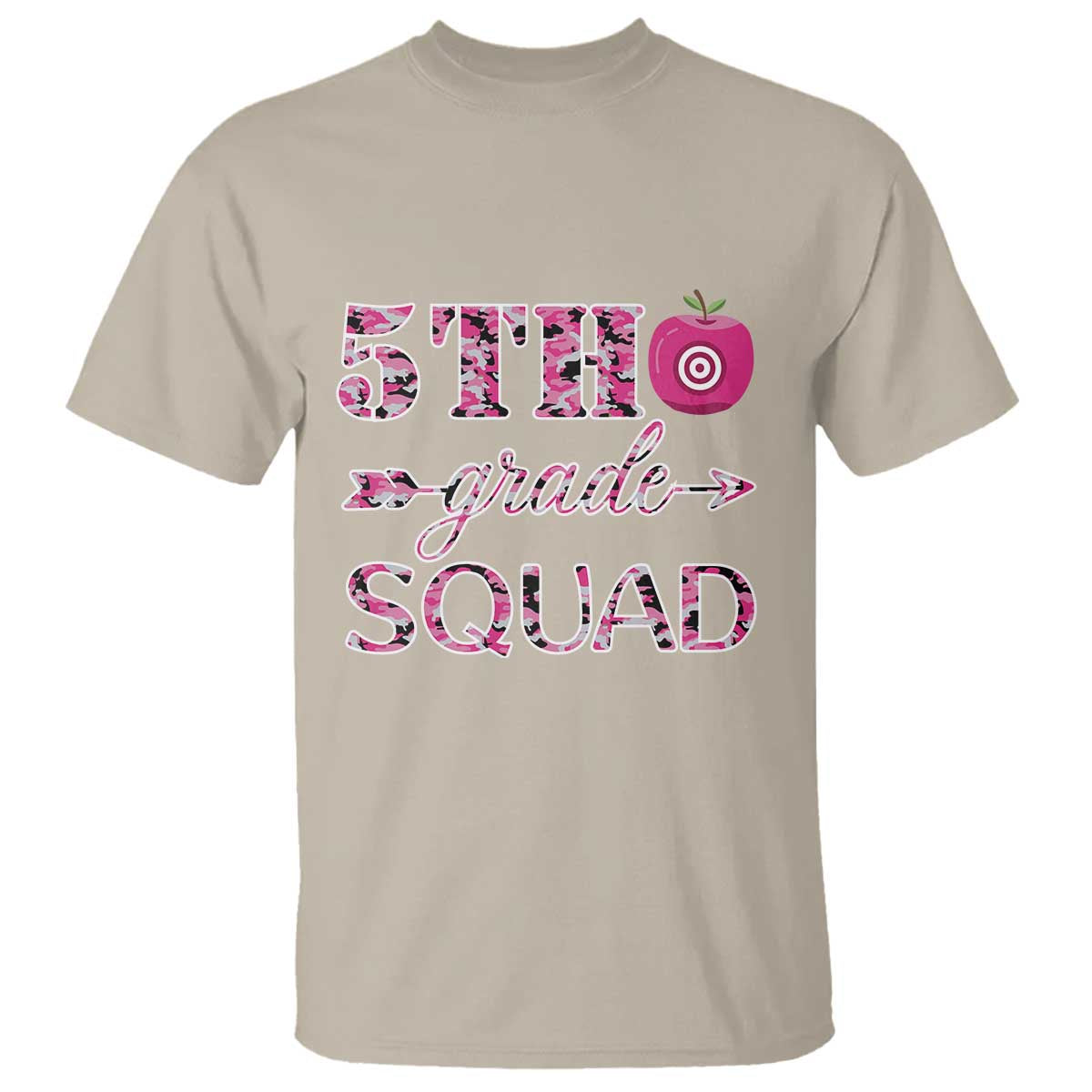 funny-back-to-school-hunting-t-shirt-5th-grade-squad-pink-camo-flag-apple-arrow