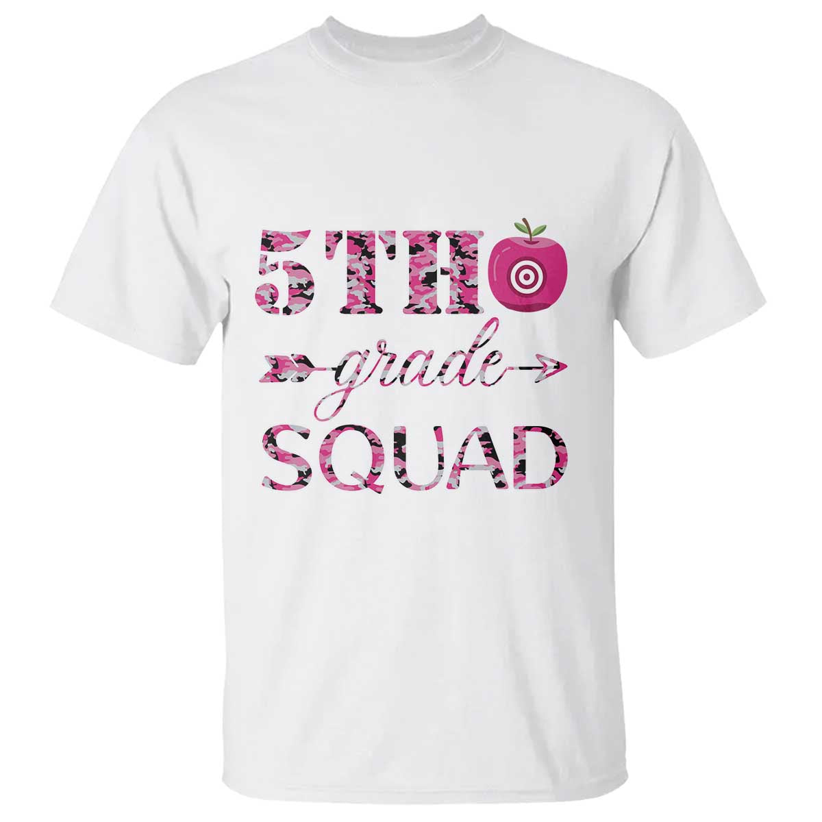funny-back-to-school-hunting-t-shirt-5th-grade-squad-pink-camo-flag-apple-arrow