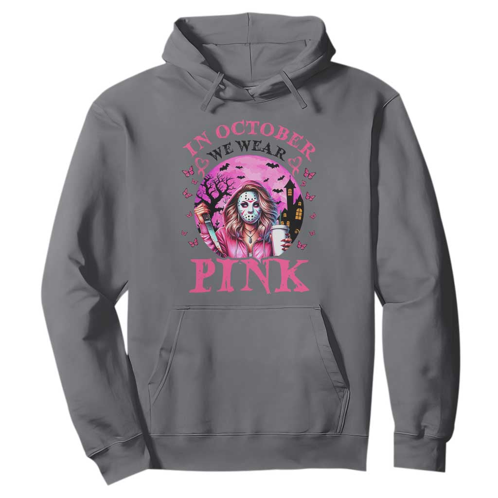 Breast Cancer Support Hoodie In October We Wear Pink Halloween Butterfly Bat Murderer
