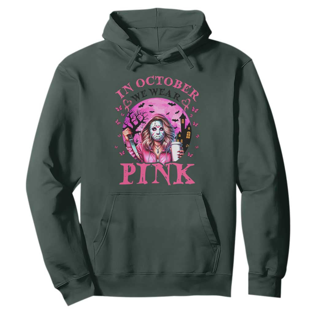 Breast Cancer Support Hoodie In October We Wear Pink Halloween Butterfly Bat Murderer