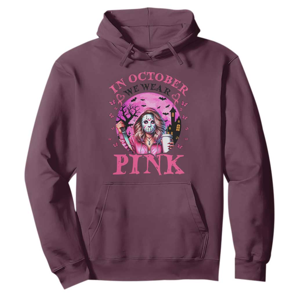 Breast Cancer Support Hoodie In October We Wear Pink Halloween Butterfly Bat Murderer