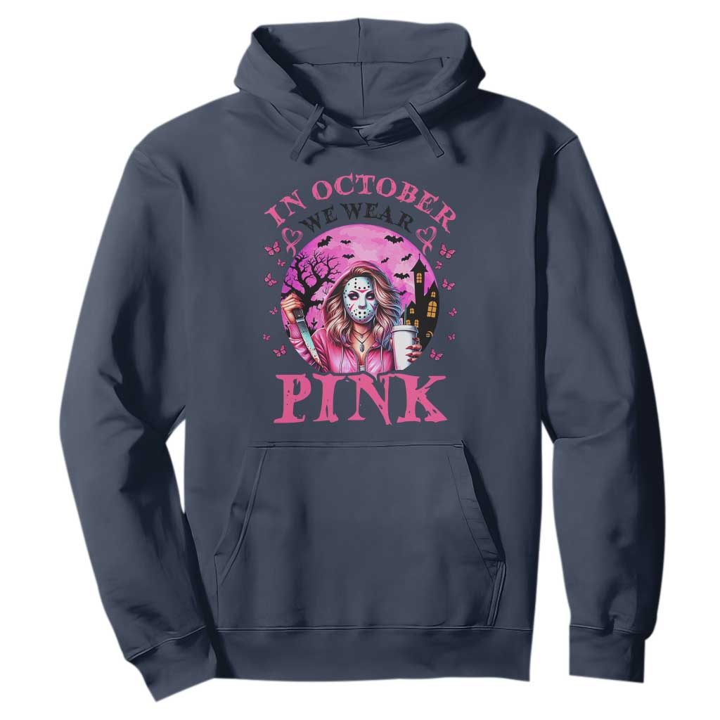 Breast Cancer Support Hoodie In October We Wear Pink Halloween Butterfly Bat Murderer