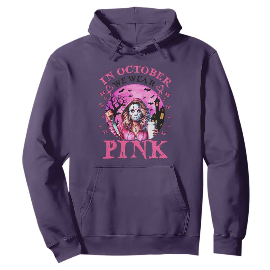 Breast Cancer Support Hoodie In October We Wear Pink Halloween Butterfly Bat Murderer