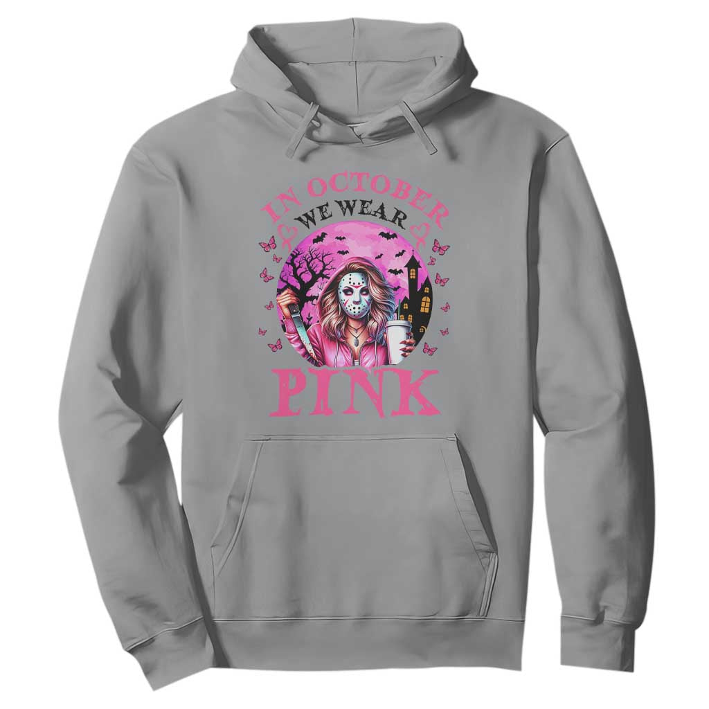 Breast Cancer Support Hoodie In October We Wear Pink Halloween Butterfly Bat Murderer