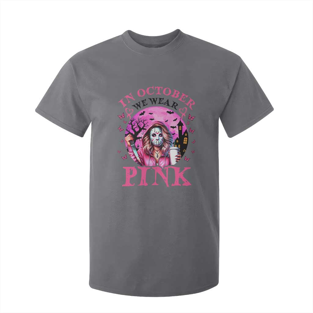 Breast Cancer Support T Shirt For Kid In October We Wear Pink Halloween Butterfly Bat Murderer