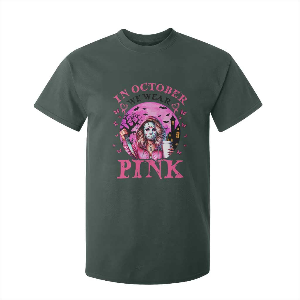 Breast Cancer Support T Shirt For Kid In October We Wear Pink Halloween Butterfly Bat Murderer