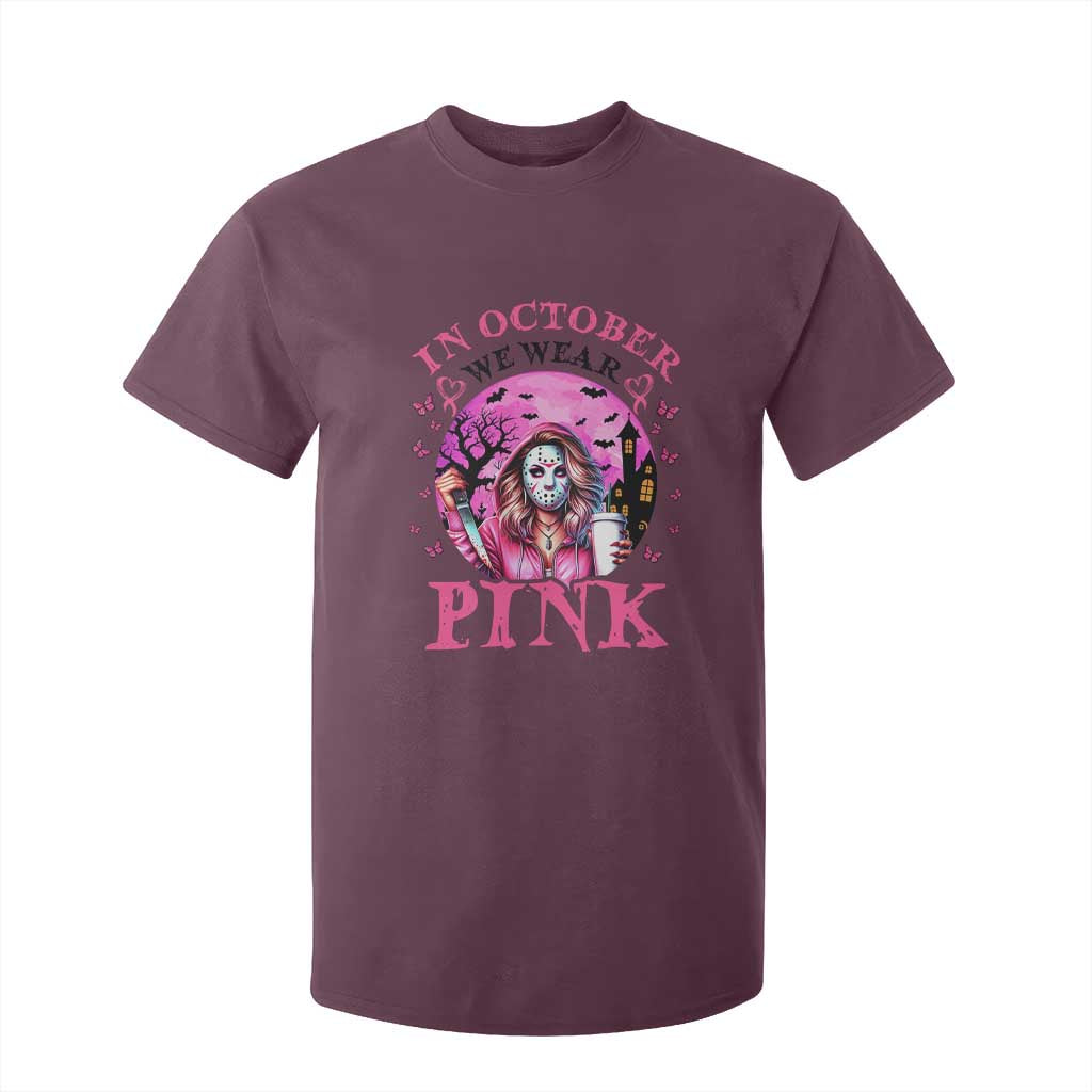 Breast Cancer Support T Shirt For Kid In October We Wear Pink Halloween Butterfly Bat Murderer