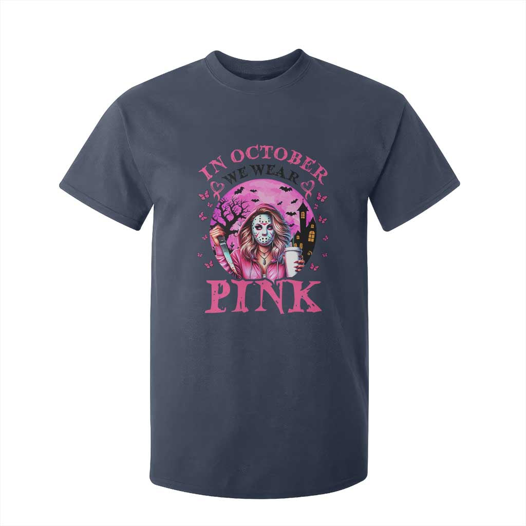 Breast Cancer Support T Shirt For Kid In October We Wear Pink Halloween Butterfly Bat Murderer