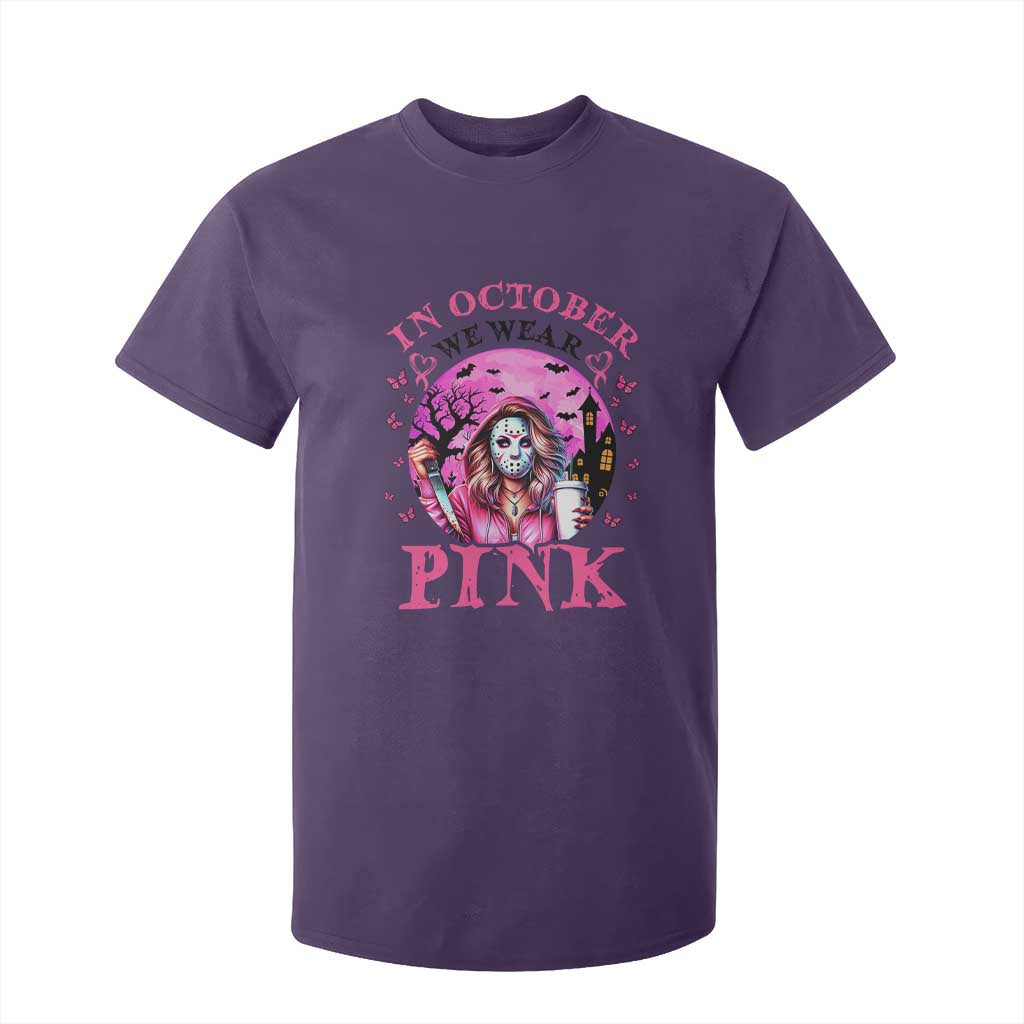 Breast Cancer Support T Shirt For Kid In October We Wear Pink Halloween Butterfly Bat Murderer