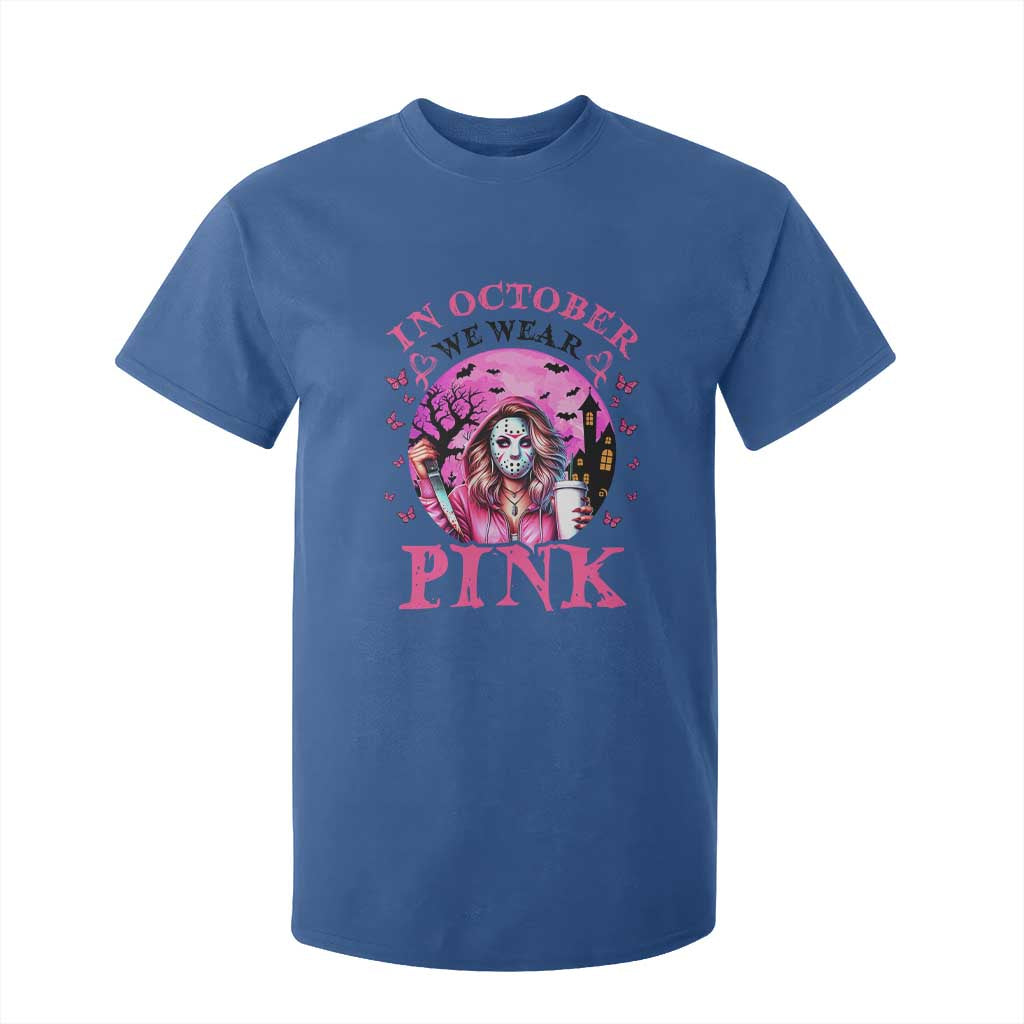 Breast Cancer Support T Shirt For Kid In October We Wear Pink Halloween Butterfly Bat Murderer
