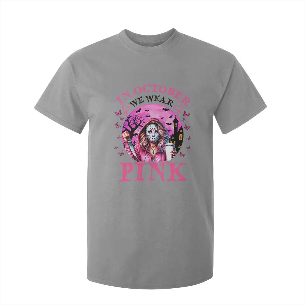 Breast Cancer Support T Shirt For Kid In October We Wear Pink Halloween Butterfly Bat Murderer