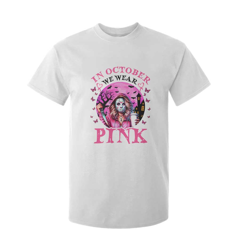 Breast Cancer Support T Shirt For Kid In October We Wear Pink Halloween Butterfly Bat Murderer