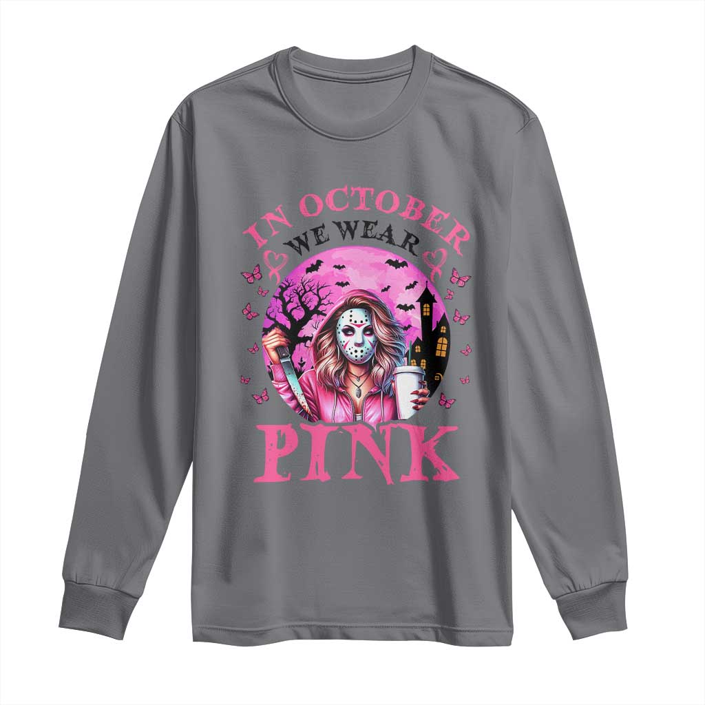 Breast Cancer Support Long Sleeve Shirt In October We Wear Pink Halloween Butterfly Bat Murderer