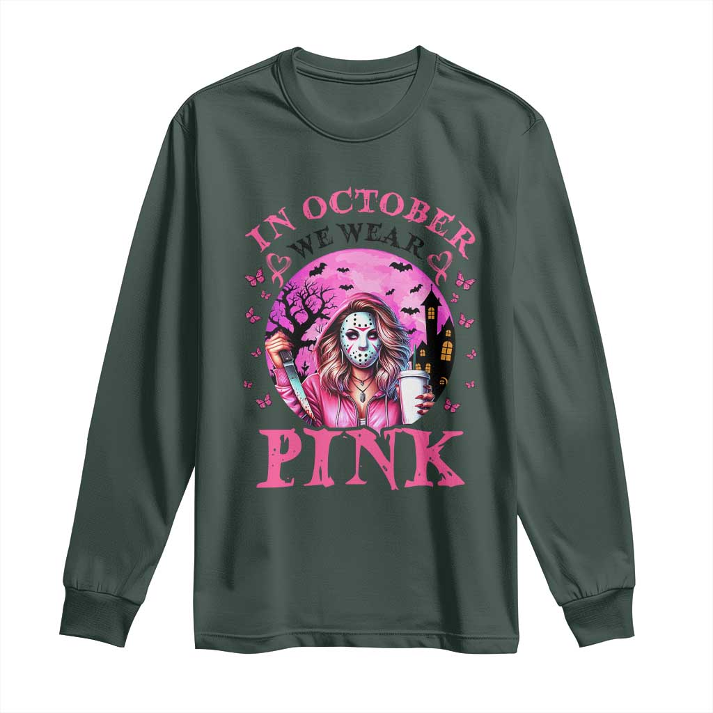 Breast Cancer Support Long Sleeve Shirt In October We Wear Pink Halloween Butterfly Bat Murderer