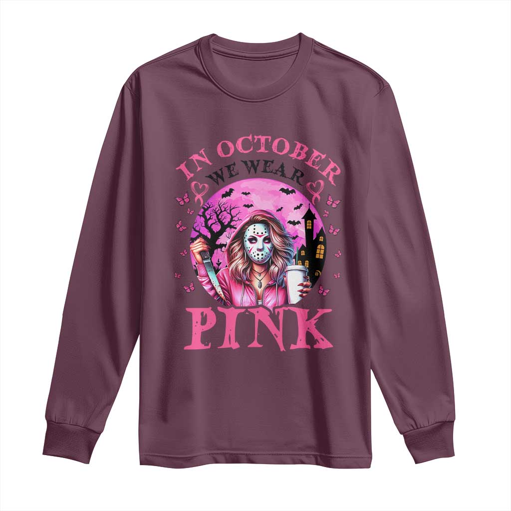Breast Cancer Support Long Sleeve Shirt In October We Wear Pink Halloween Butterfly Bat Murderer