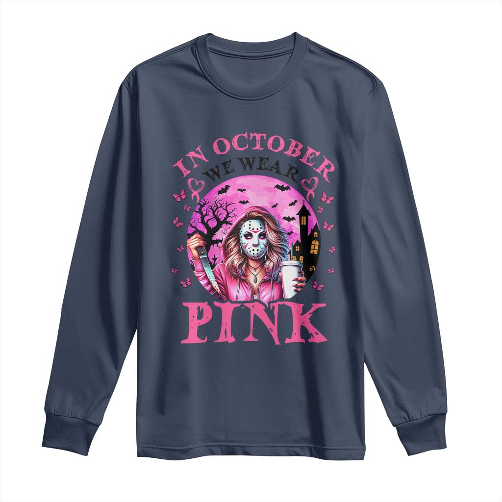 Breast Cancer Support Long Sleeve Shirt In October We Wear Pink Halloween Butterfly Bat Murderer