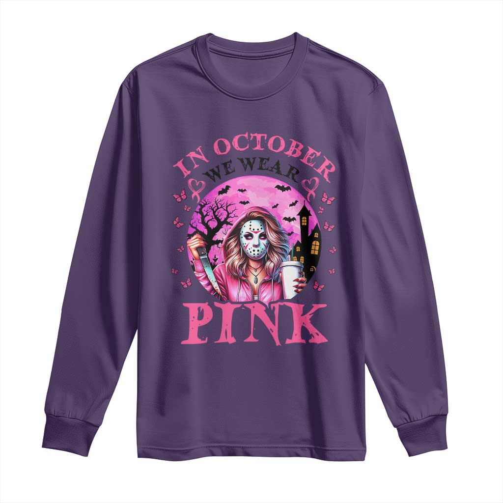 Breast Cancer Support Long Sleeve Shirt In October We Wear Pink Halloween Butterfly Bat Murderer
