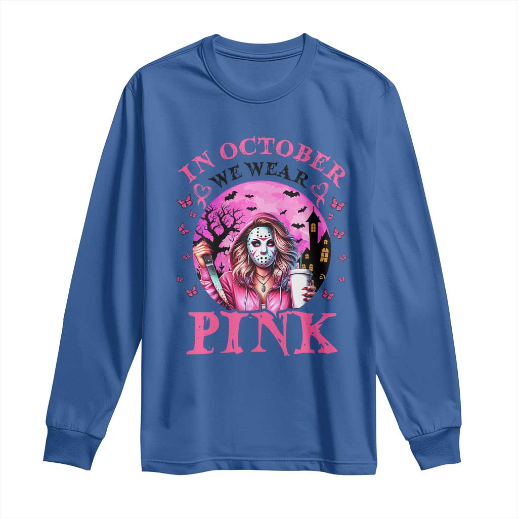 Breast Cancer Support Long Sleeve Shirt In October We Wear Pink Halloween Butterfly Bat Murderer