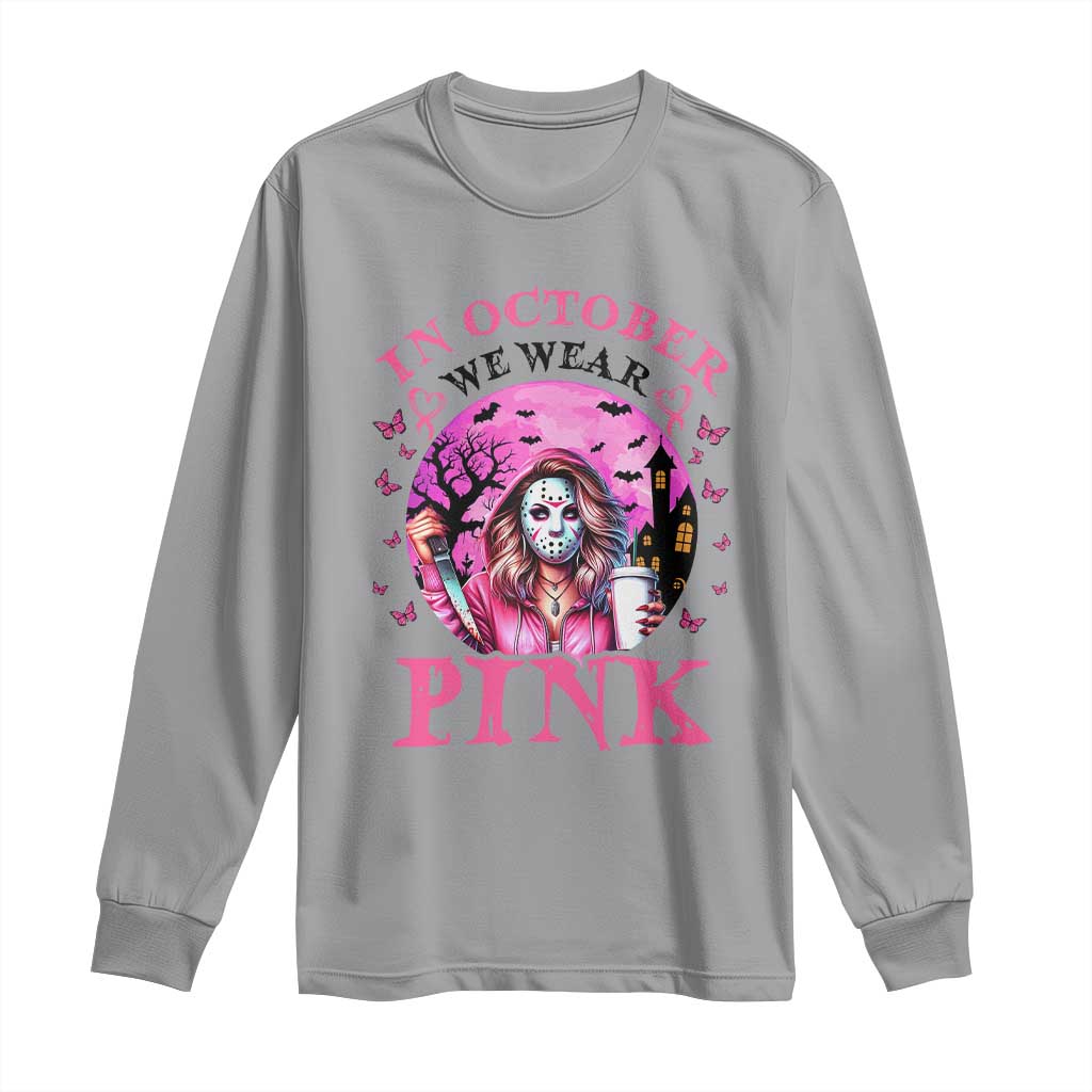 Breast Cancer Support Long Sleeve Shirt In October We Wear Pink Halloween Butterfly Bat Murderer