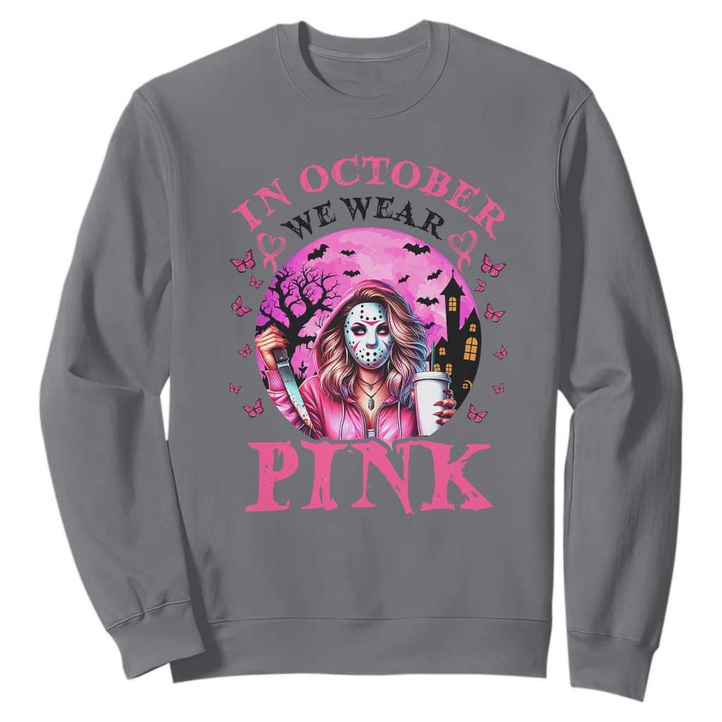 Breast Cancer Support Sweatshirt In October We Wear Pink Halloween Butterfly Bat Murderer