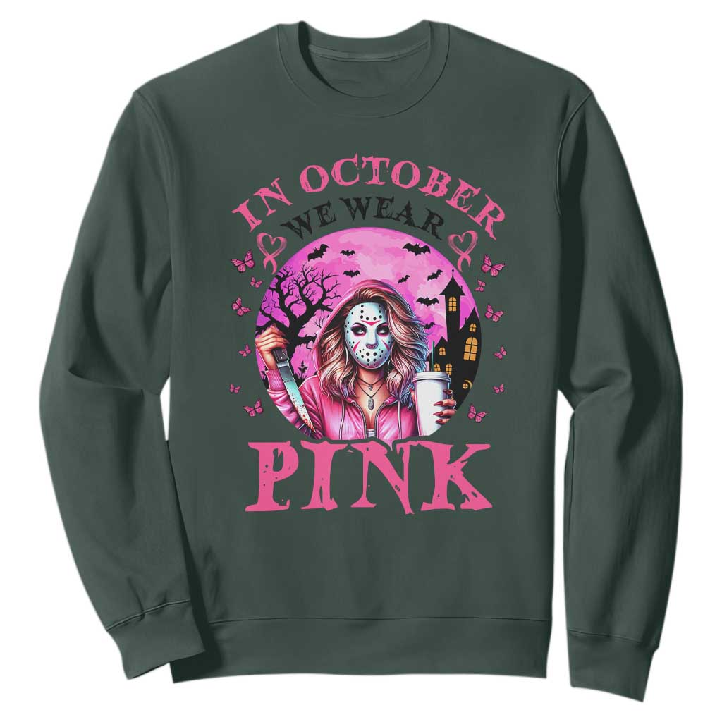 Breast Cancer Support Sweatshirt In October We Wear Pink Halloween Butterfly Bat Murderer
