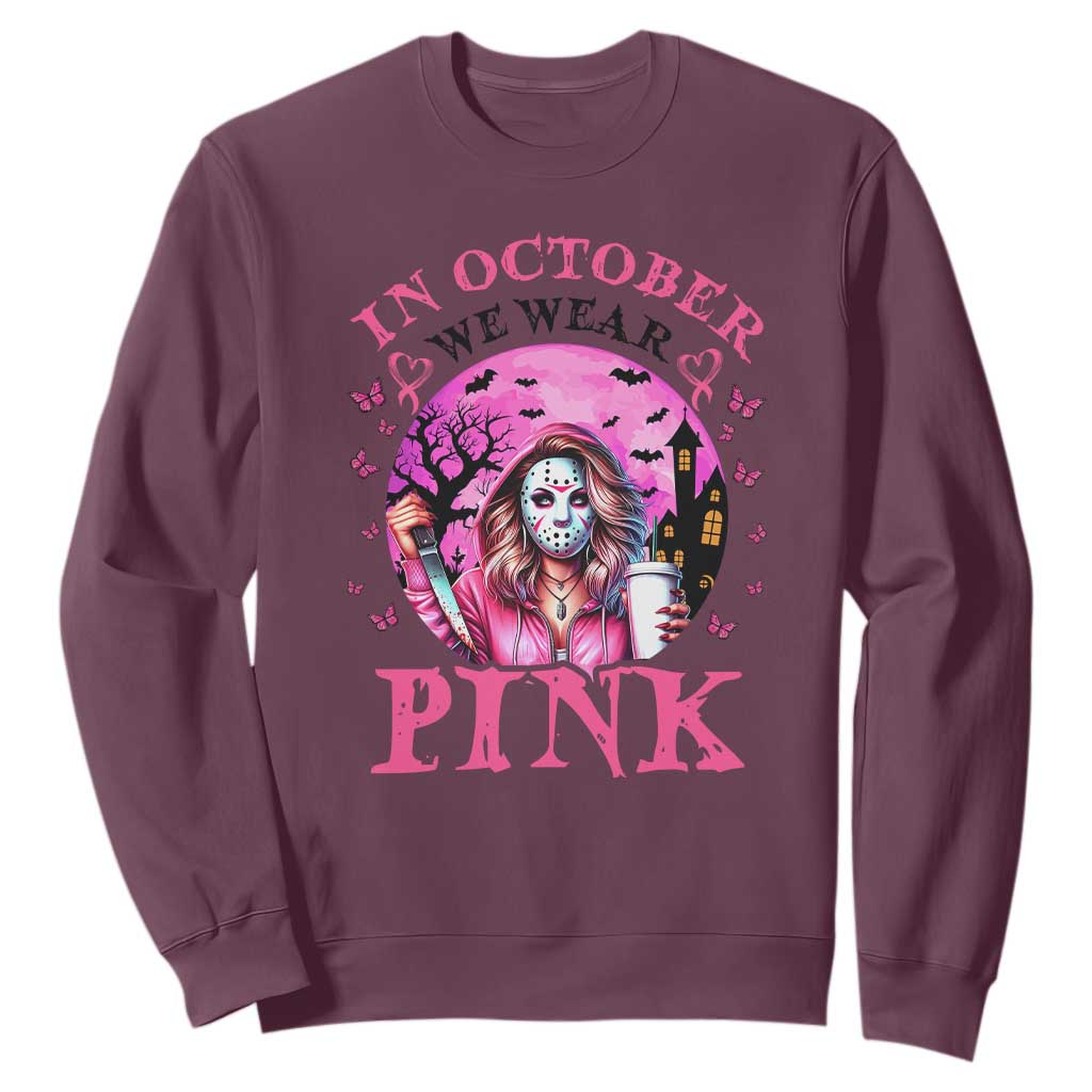 Breast Cancer Support Sweatshirt In October We Wear Pink Halloween Butterfly Bat Murderer