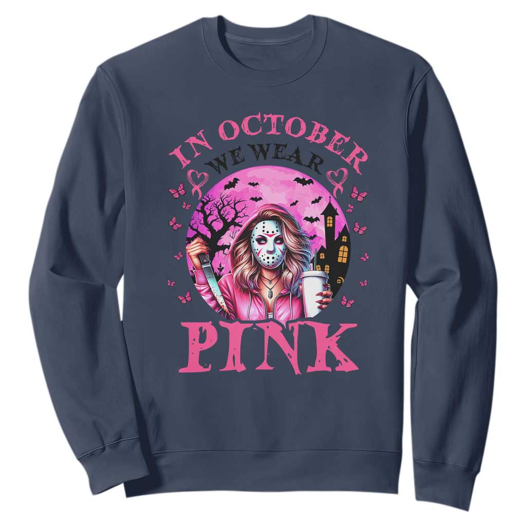 Breast Cancer Support Sweatshirt In October We Wear Pink Halloween Butterfly Bat Murderer