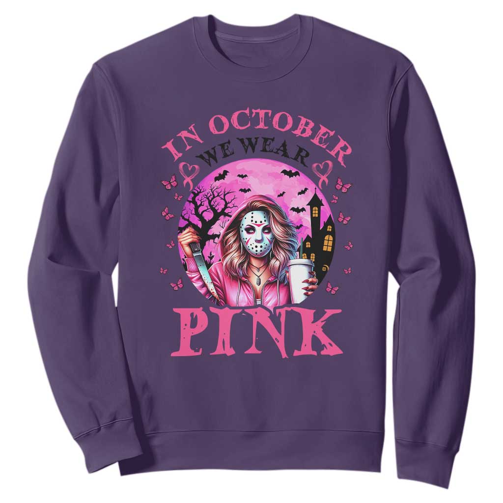 Breast Cancer Support Sweatshirt In October We Wear Pink Halloween Butterfly Bat Murderer