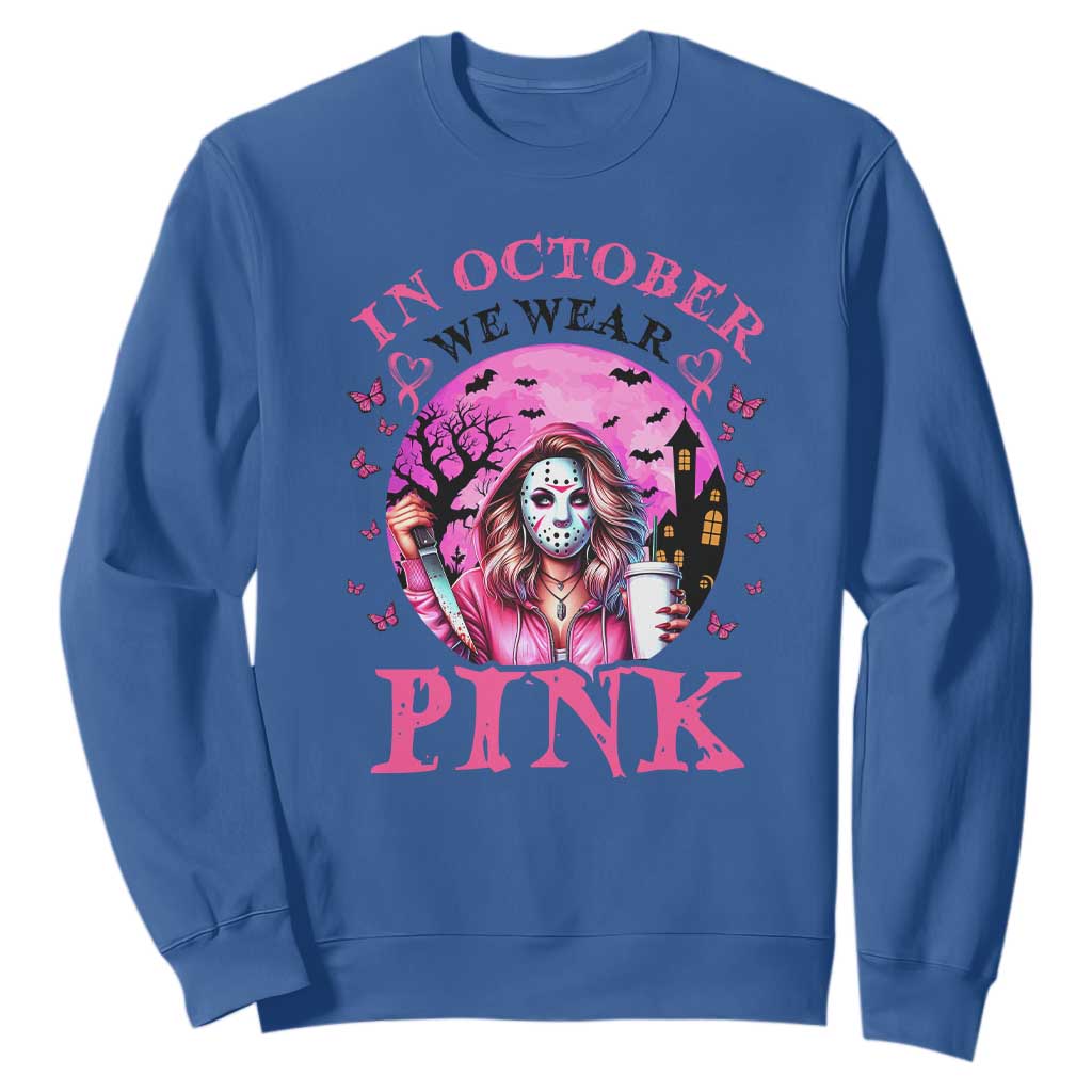 Breast Cancer Support Sweatshirt In October We Wear Pink Halloween Butterfly Bat Murderer