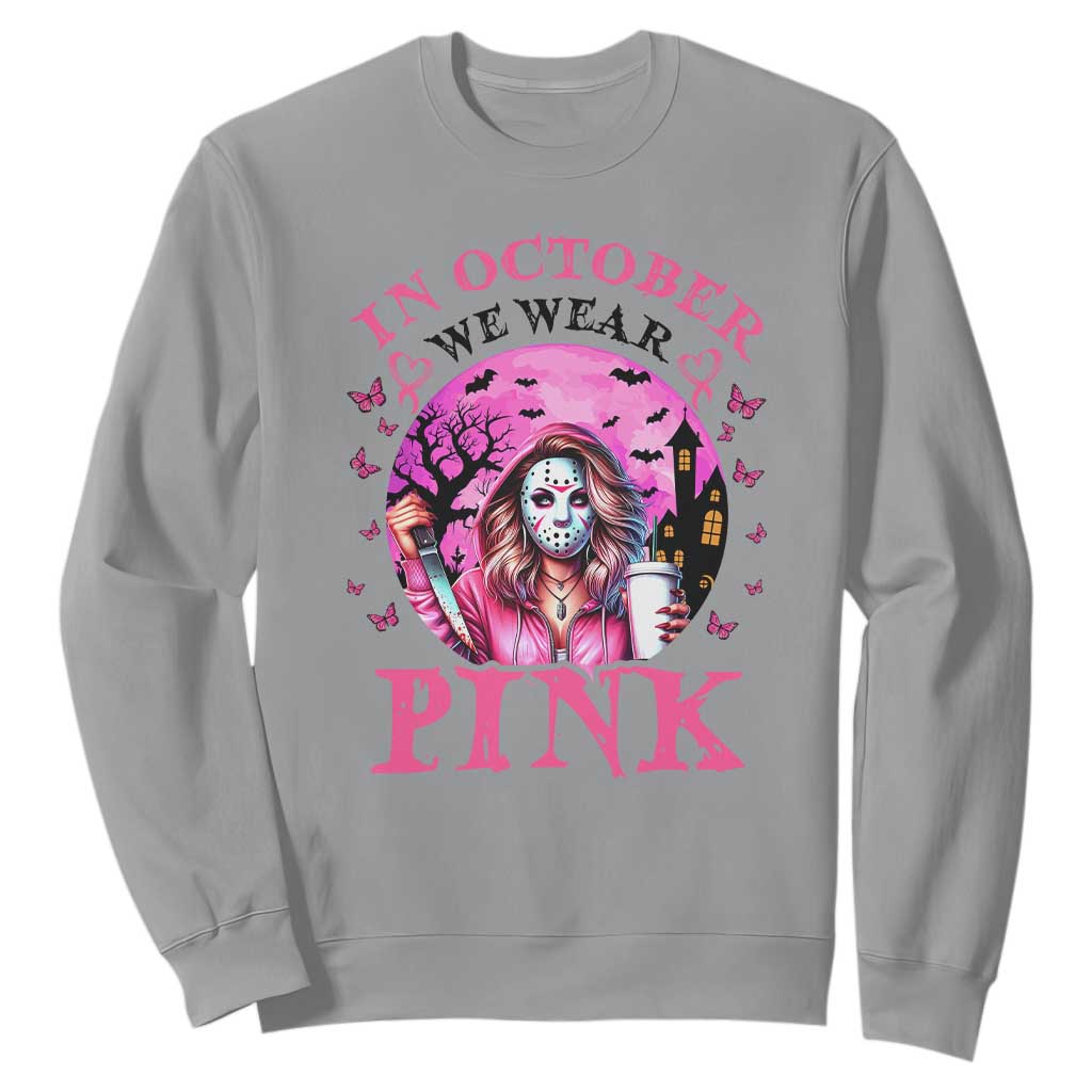 Breast Cancer Support Sweatshirt In October We Wear Pink Halloween Butterfly Bat Murderer