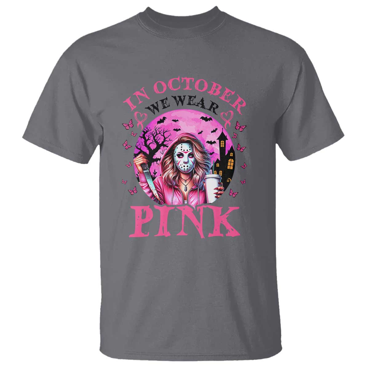 Breast Cancer Support T Shirt In October We Wear Pink Halloween Butterfly Bat Murderer