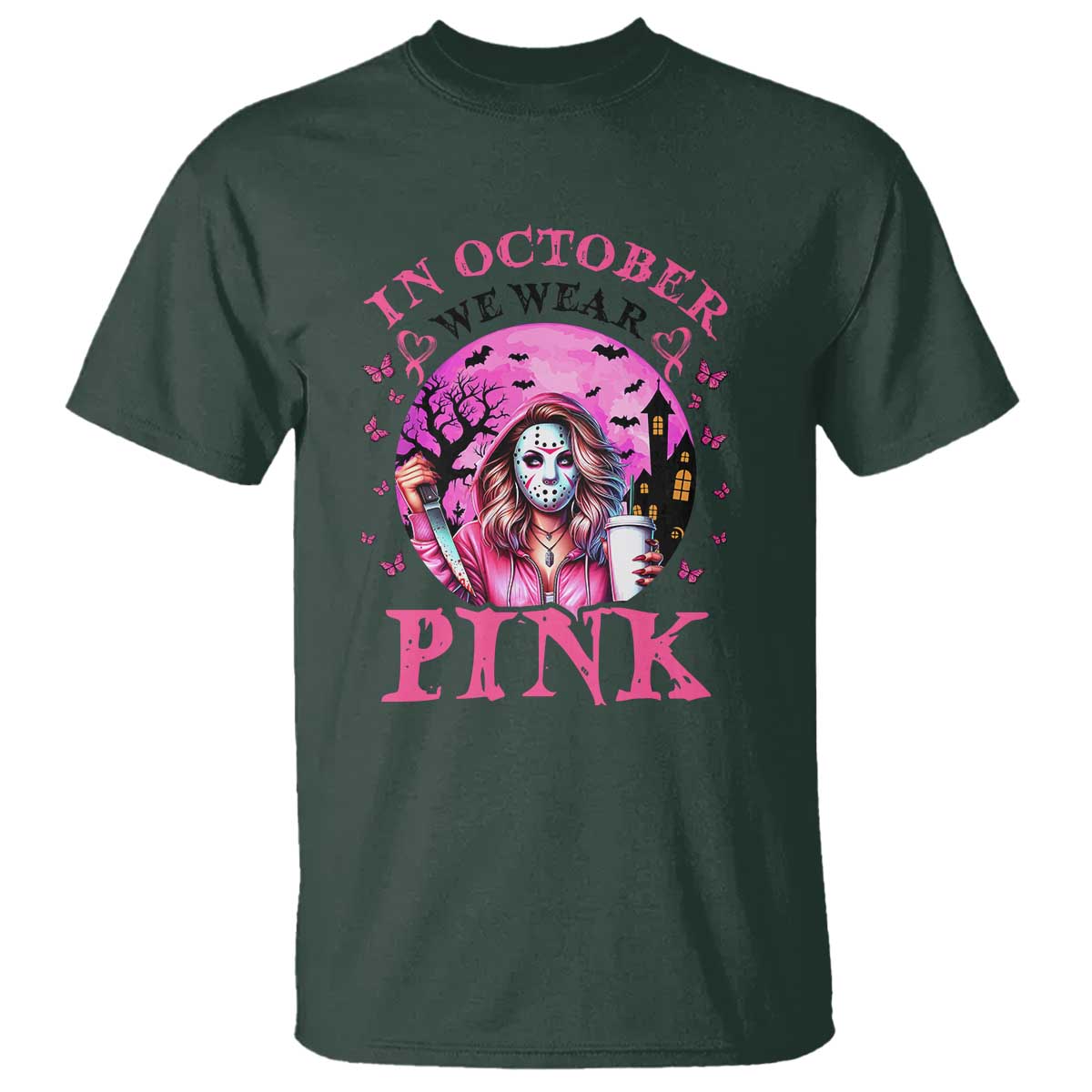 Breast Cancer Support T Shirt In October We Wear Pink Halloween Butterfly Bat Murderer