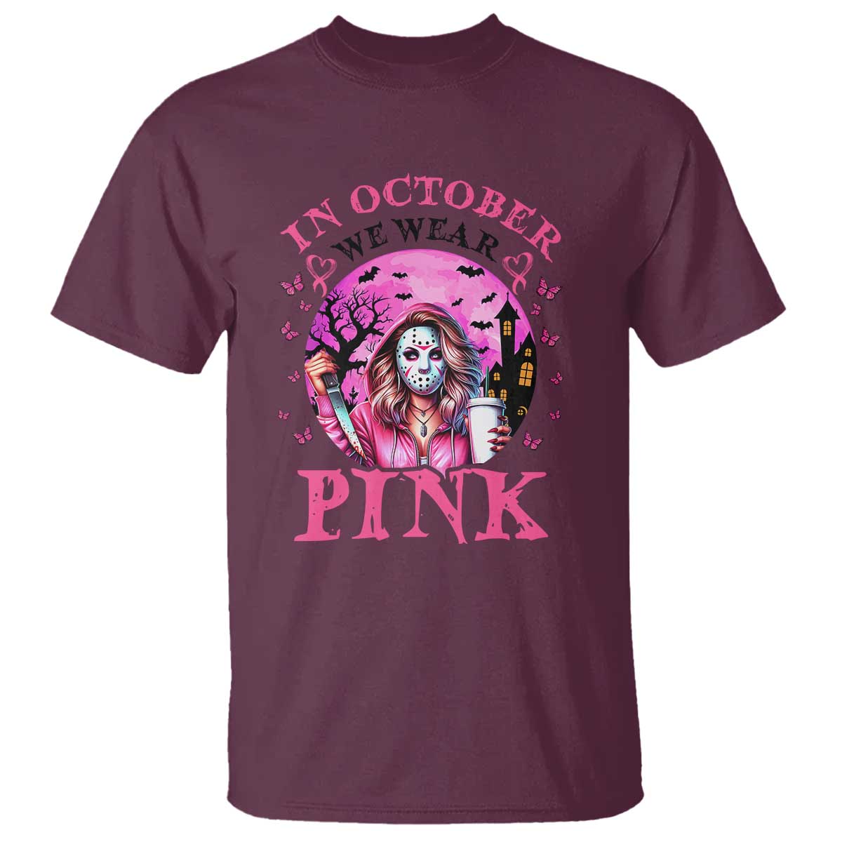Breast Cancer Support T Shirt In October We Wear Pink Halloween Butterfly Bat Murderer