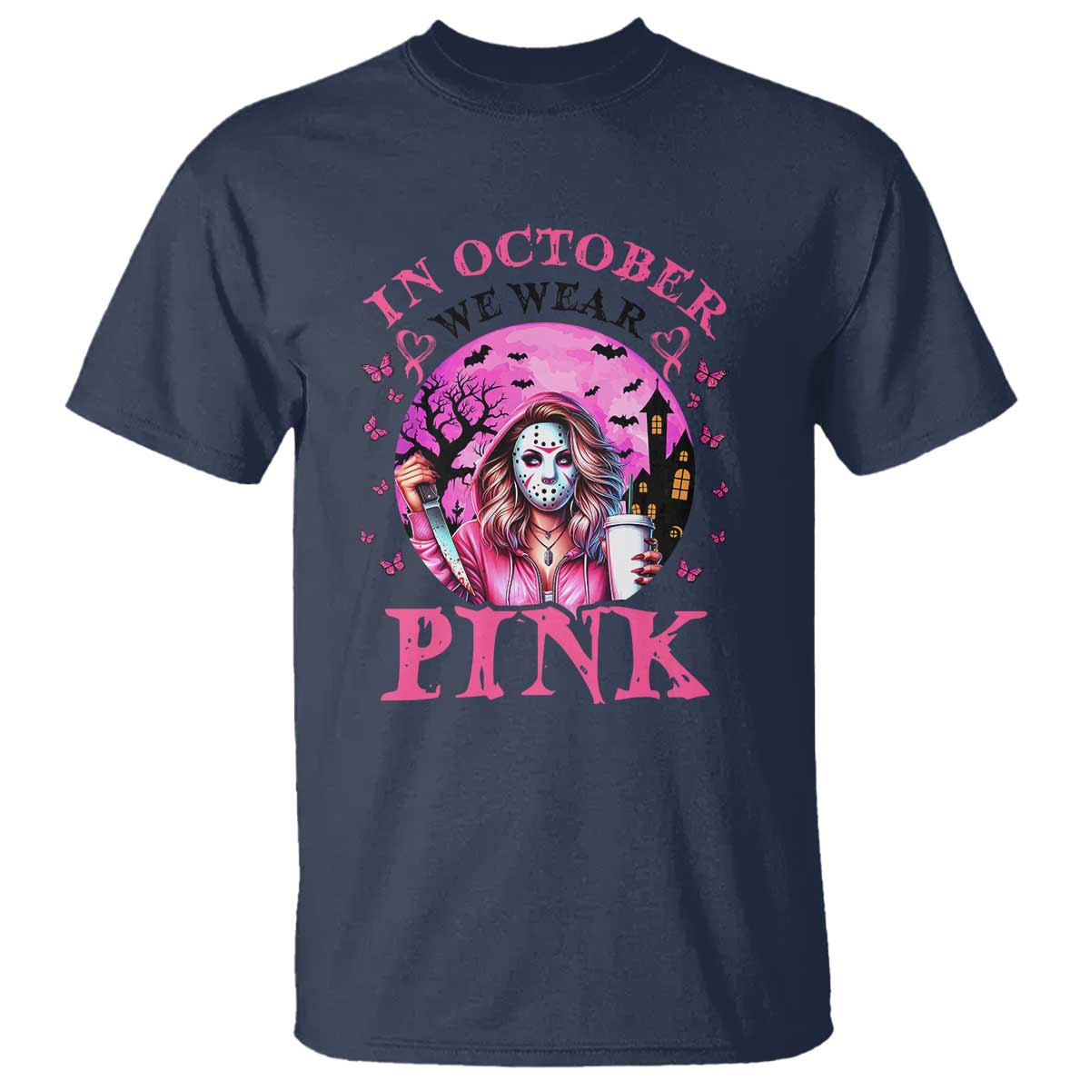 Breast Cancer Support T Shirt In October We Wear Pink Halloween Butterfly Bat Murderer