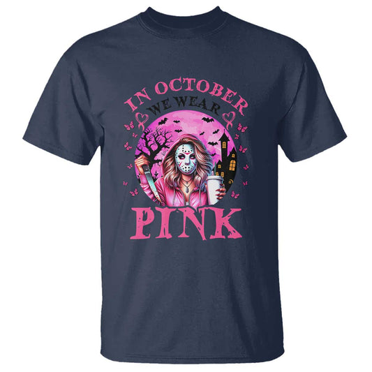 Breast Cancer Support T Shirt In October We Wear Pink Halloween Butterfly Bat Murderer