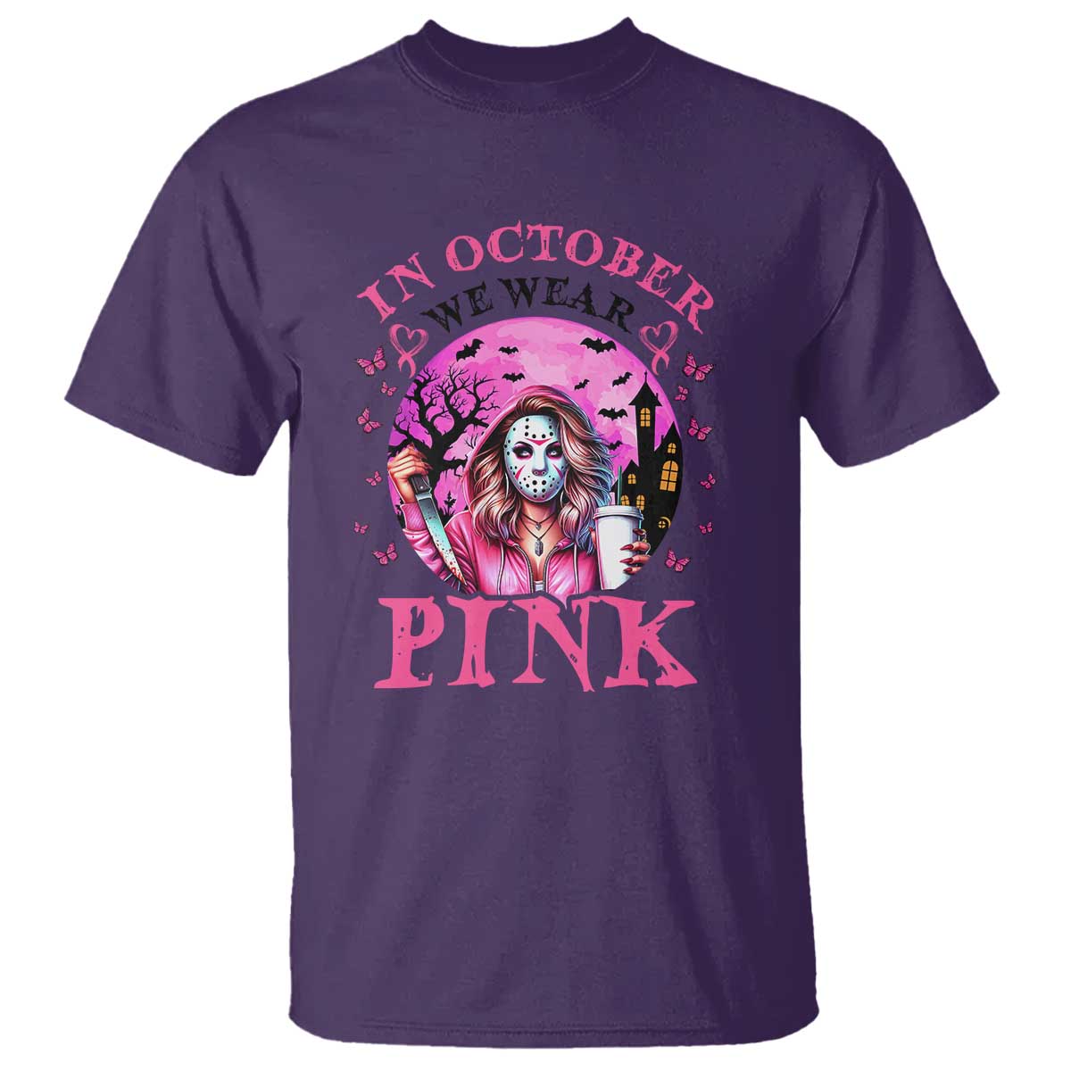 Breast Cancer Support T Shirt In October We Wear Pink Halloween Butterfly Bat Murderer
