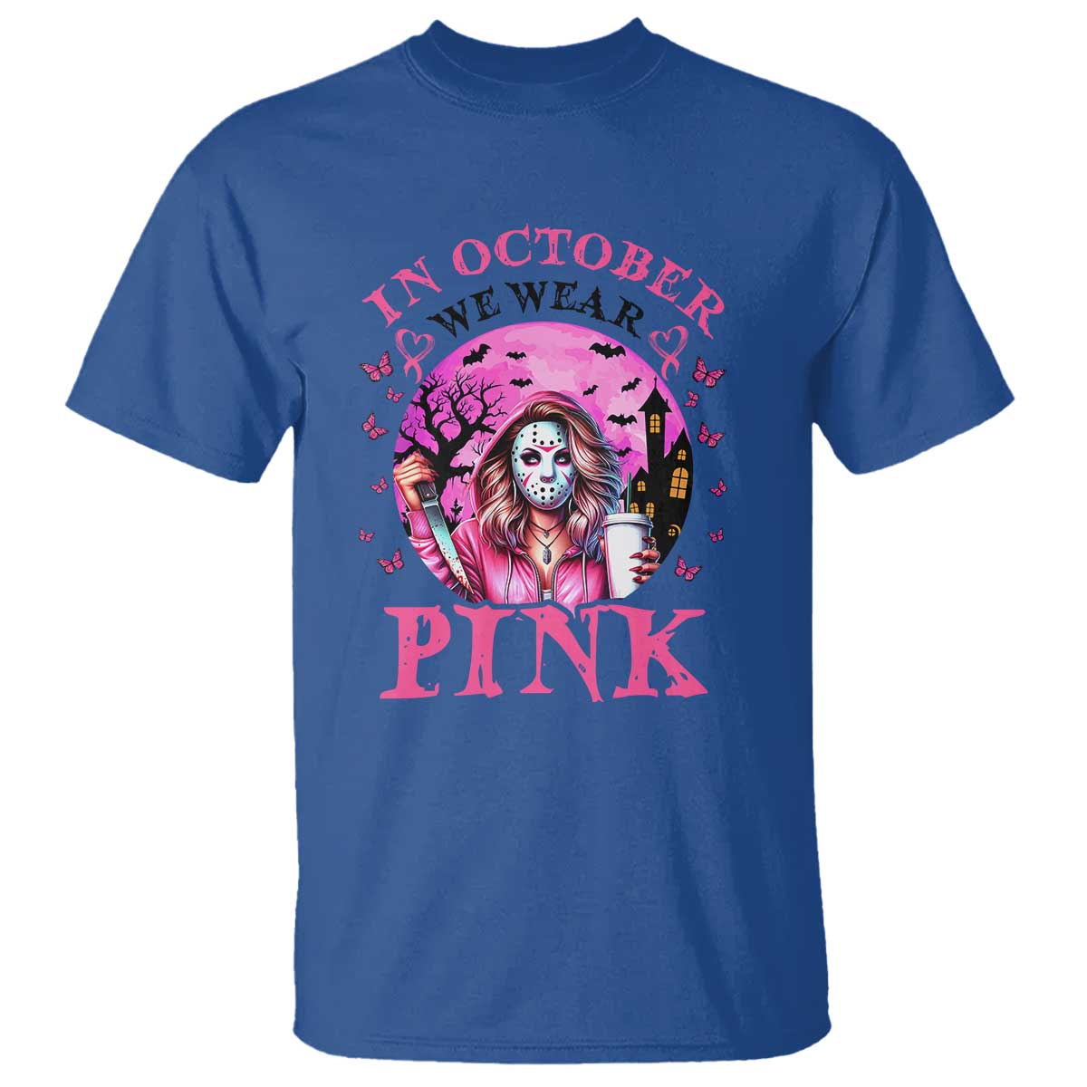 Breast Cancer Support T Shirt In October We Wear Pink Halloween Butterfly Bat Murderer