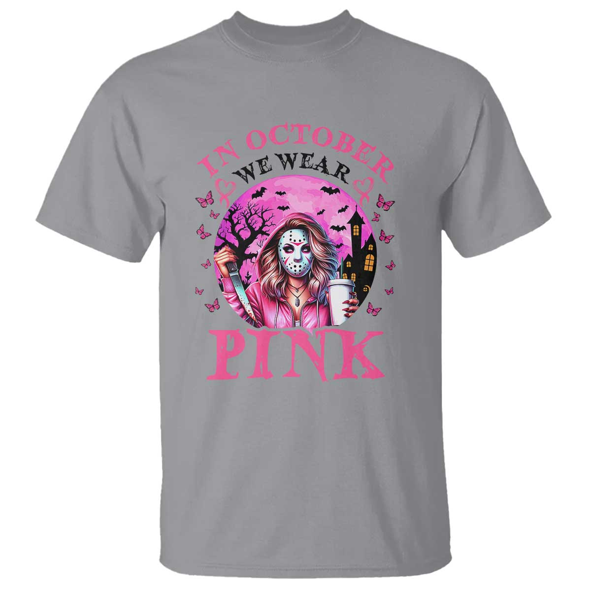Breast Cancer Support T Shirt In October We Wear Pink Halloween Butterfly Bat Murderer